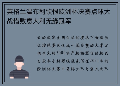 英格兰温布利饮恨欧洲杯决赛点球大战惜败意大利无缘冠军
