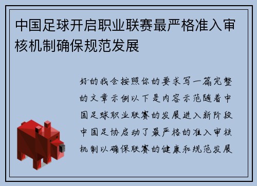中国足球开启职业联赛最严格准入审核机制确保规范发展